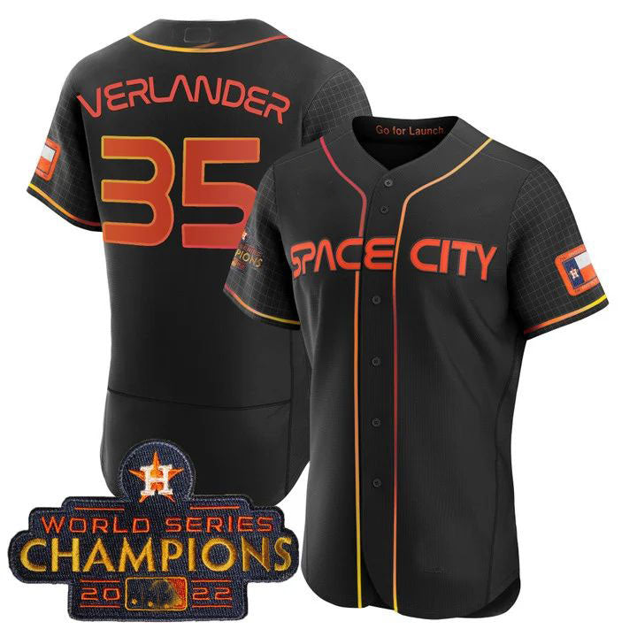 #35 Justin Verlander Houston Astros 2023 SPACE CITY CHAMPIONS FLEX JERSEY ¨C BLACK ALL STITCHED Baseball Jerseys