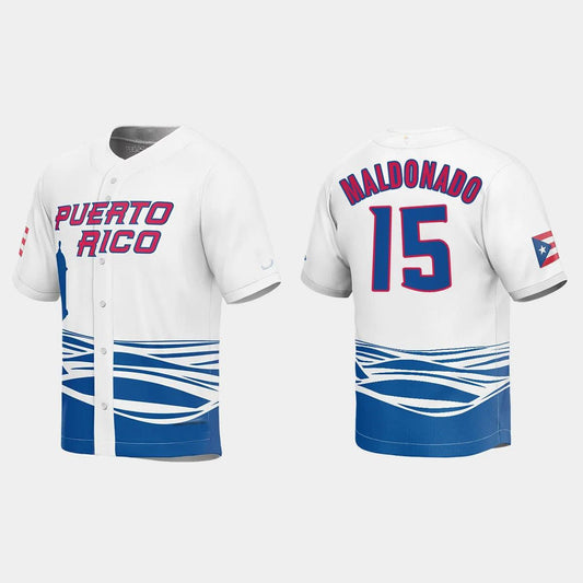 #15 MARTIN MALDONADO PUERTO RICO BASEBALL 2023 WORLD BASEBALL CLASSIC JERSEY ¨C WHITE Stitches Baseball Jerseys