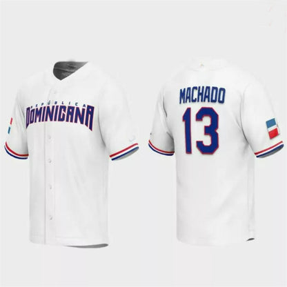#13 Manny Machado Dominican Republic Baseball 2023 World Baseball Classic Replica Jersey ¨C White Stitches Baseball Jerseys